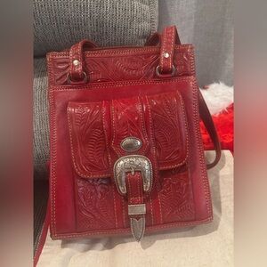 AMERICAN WEST Leather Handbag Hand Tooled Leather Satchel Sturdy Red Western